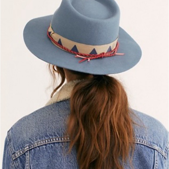 Free People Brixton Venice Blue Fedora with Tan Geometric Band - Picture 2 of 5
